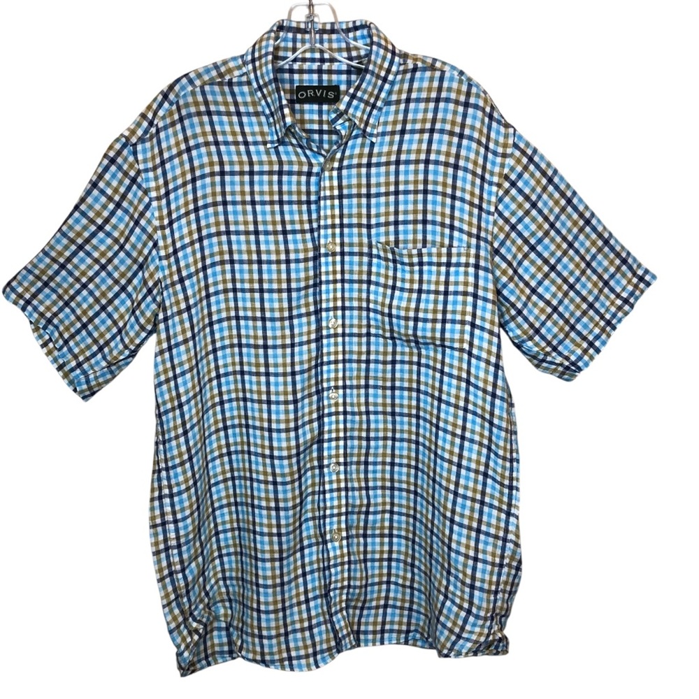 Orvis Mens 100% Linen Plaid Shirt Size Medium Coastal Beach Preppy Breathable